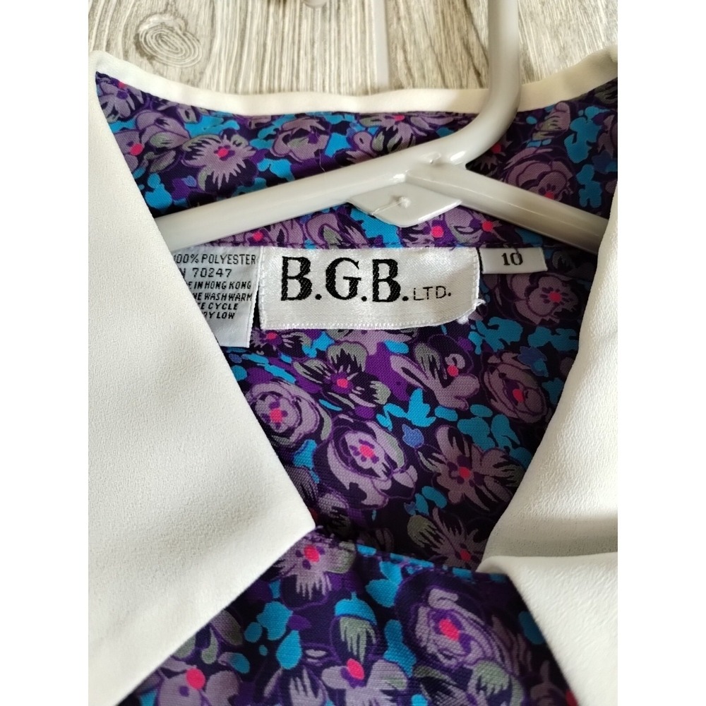 B.G.B. Limited Size 10 Dress Blue Purple Flower Pattern White Cuffs And Collar - Picture 3 of 5